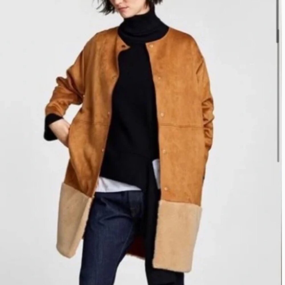 Zara Ladies Coat Faux Suede Sheepskin Shearling  Fur Lightweight Tan Cream  S - Picture 4 of 16